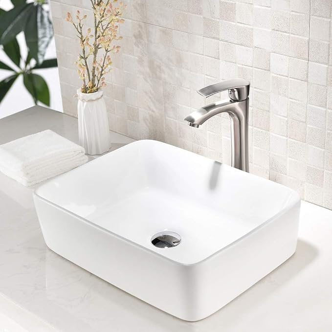 19 Inch White Vessel Sink with Faucet and Drain Combo,19x15 Bathroom Sink Rectangular Above Counter Porcelain Ceramic Bathroom White Toilet Sink Hand Wash Vessel Vanity Sink Art Basin
