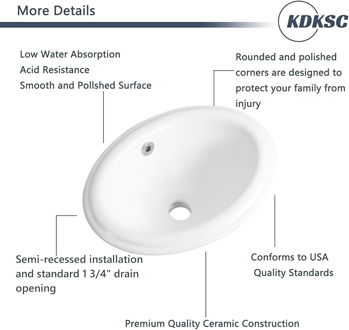 Bathroom Vessel Sink 16'' x 12'' Semi Recessed Bathroom Sink Oval Drop In Sink with Overflow White Ceramic Modern Vessel Sinks for Bathroom