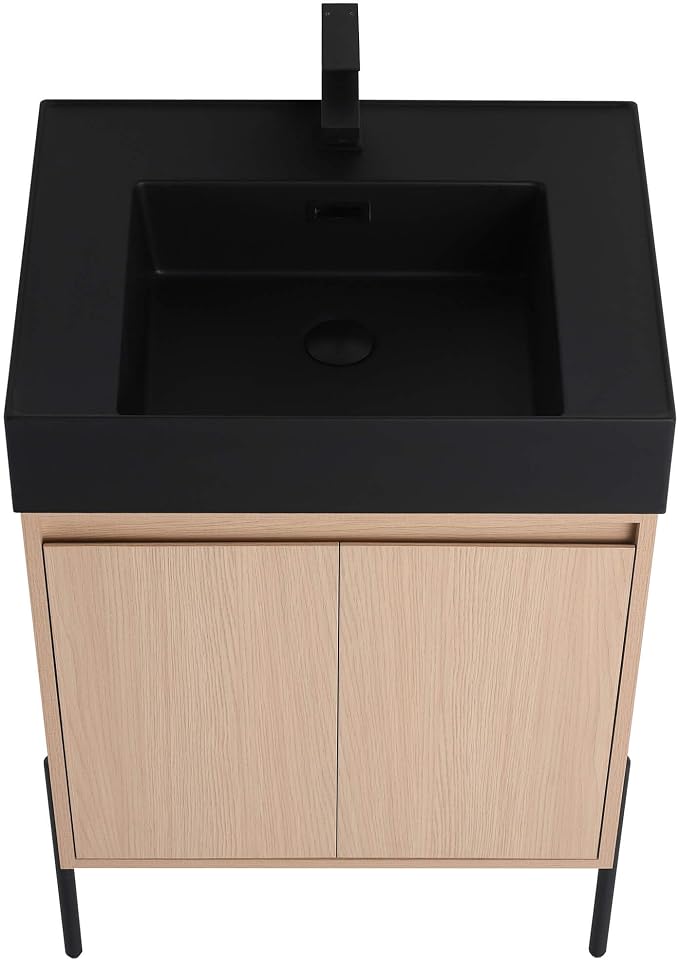 Crownpoint 24 Inch Bathroom Vanity with Sink, Black Sink, White Oak Finish, Full Assembly Required, Elegant Bathroom Vanities for Modern Homes