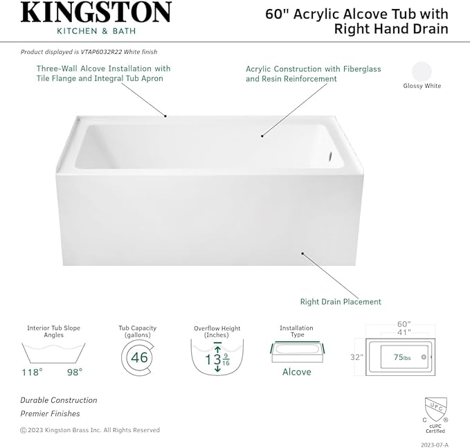 Aqua Eden VTAP6032R22 60-Inch Acrylic 3-Wall Alcove Tub with Right Hand Drain Hole, Glossy White