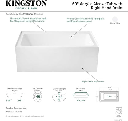 Aqua Eden VTAP6032R22 60-Inch Acrylic 3-Wall Alcove Tub with Right Hand Drain Hole, Glossy White