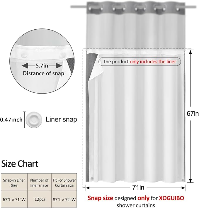 Snap-in Fabric Replacement Liner 71" W x 67" L, for 72" W x 87" L No Hook Shower Curtain