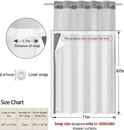 Snap-in Fabric Replacement Liner 71" W x 67" L, for 72" W x 87" L No Hook Shower Curtain