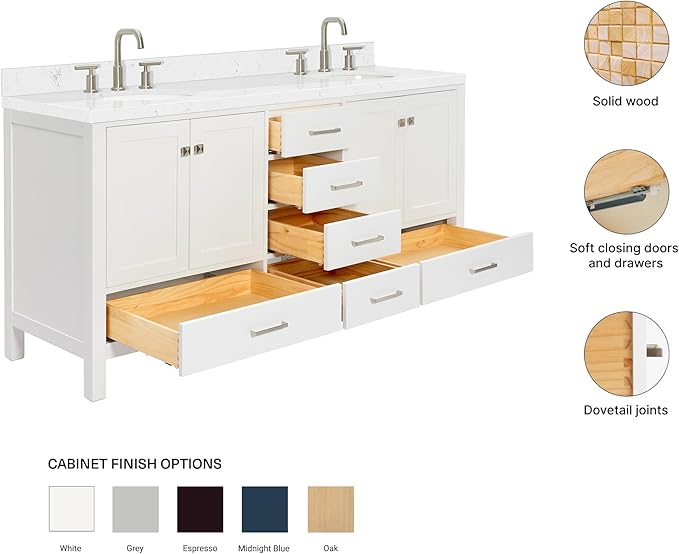 ARIEL Cambridge 72-inch Bathroom Vanity with Sink,Solid Wood, 1.5-inch Carrara White Quartz Countertop & Backsplash, Double Oval Porcelain Sink, 4 Soft Closing Doors, 6 Dovetail Drawers, White