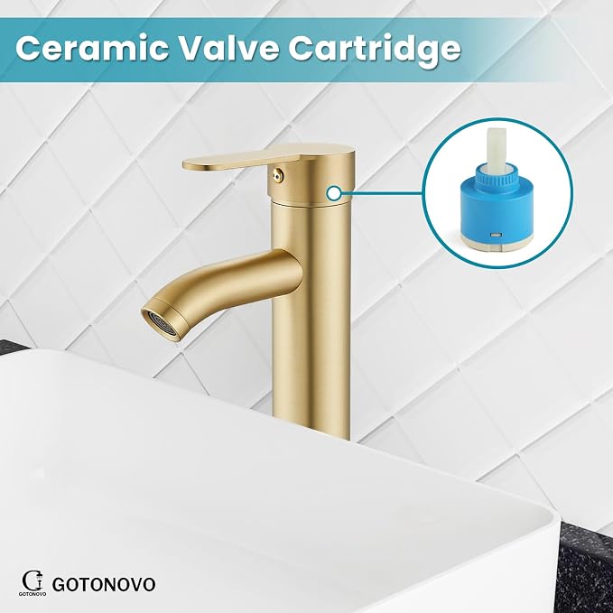 gotonovo Modern Vessel Sink Faucet with ABS Pop Up Drain, Brushed Gold | Modern Tall Bathroom Faucet 1 Hole Single Handle Round Body, cUPC Water Supply Hoses, Basin Mixer Tap for Vanity Lavatory Rv