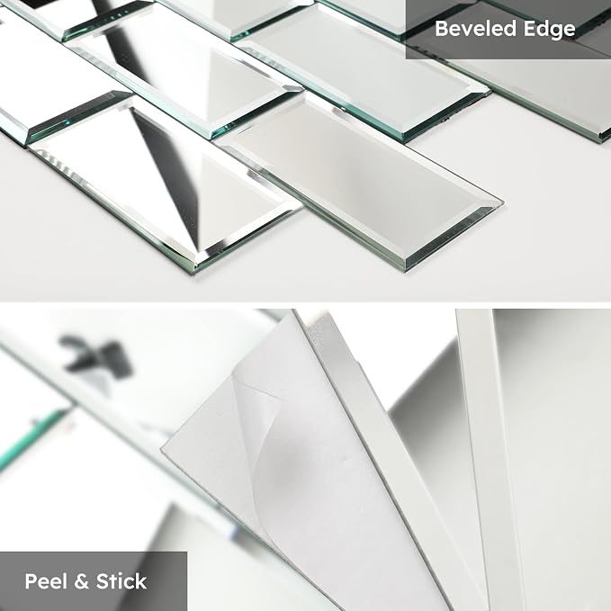 Peel and Stick Mirror Subway Tiles, Silver, 3x6 Inch, Beveled Mirror Backsplash for Kitchen Bar Bathroom Wall Tile (5 Sq.ft, 40 Pcs)