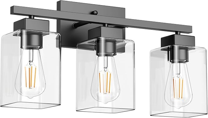 PARTPHONER 3-Light Bathroom Light Fixtures, Matte Black Modern Vanity Lights, Bathroom Lighting Fixtures Over Mirror, Square Design Farmhouse Wall Sconces with Clear Glass Shades