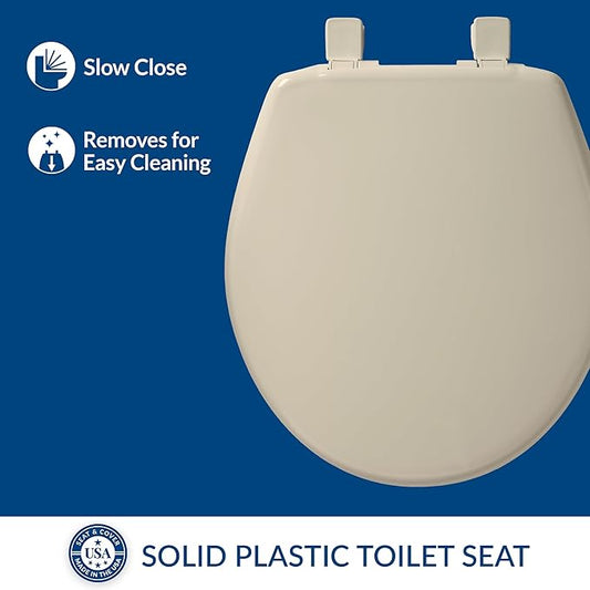 Bemis 730SLEC Slow Close Toilet Seat, Easy Clean Hinges and Durable Plastic Seat, Made in USA, Round, Bone (Pack of 2)