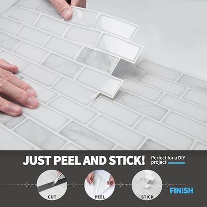 Art3d 10-Pack Peel and Stick Stone Backsplash Tile, 12" x 12", White Marble | Strong Adhesion, Lightweight, Cuttable, Waterproof, Fadeless, Crack Resistant, for Kitchen, Bedroom, Ideal for Recently Moved