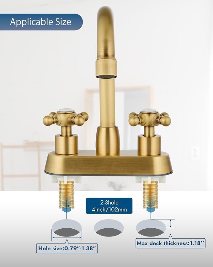 Antique Brass 4 Inch Centerset Bathroom Faucet, Vintage Bathroom Faucet | Lead-Free SUS304 Stainless Steel 4-Inch Vanity Faucet for 2 or 3-Hole Sinks, Cross Handle Design with 360° Swivel Spout