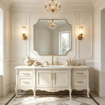 30"x30" Square Bathroom Mirror, Gold Vanity Mirrors for Over Sink, Gold Scalloped Mirror with Glass Pieces, Brass Mirror with Designer-Crafted Notched Corners, Ideal for Home Remodel