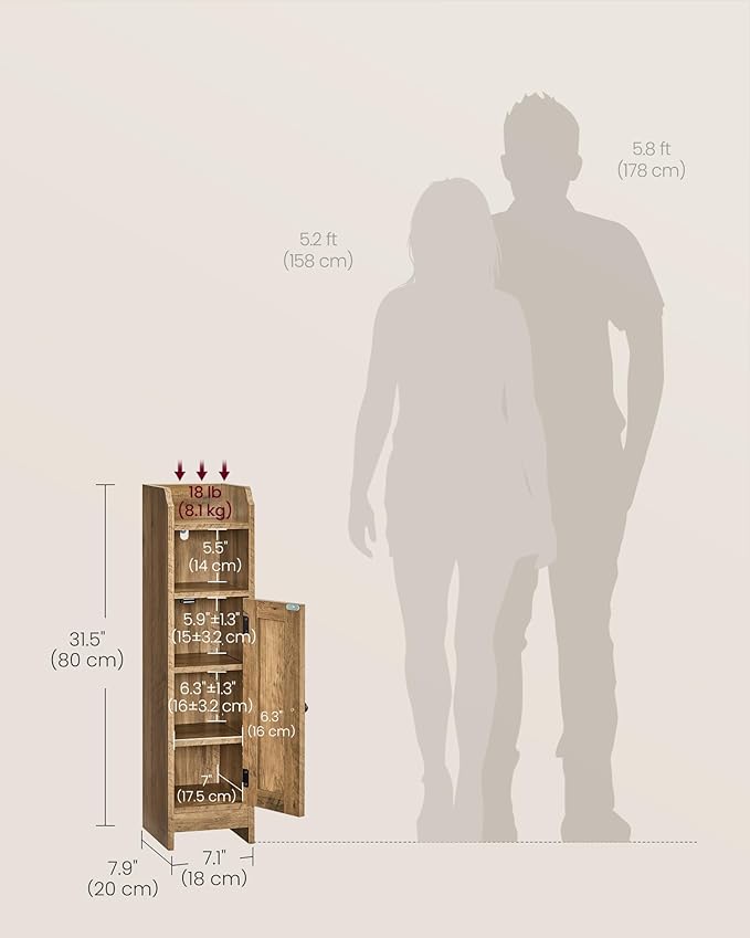VASAGLE Small Storage Corner Floor Cabinet with Door, 7.9 x 7.1 x 31.5 Inches, Narrow Toilet Paper Storage Holder, Adjustable Shelves, for Bathroom, Living Room, Small Spaces, Honey Brown UBBK310K01