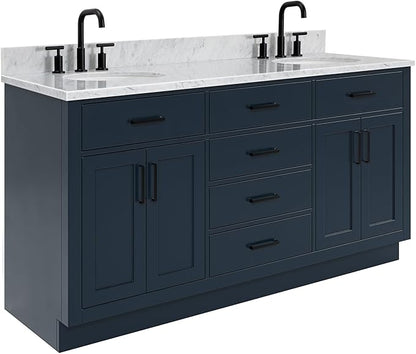 ARIEL Hepburn 66-inch Bathroom Vanity with Sink,Solid Wood, 0.75-inch Italian Carrara Marble Countertop, Double Oval Porcelain Sink, 4 Soft Closing Doors, 6 Dovetail Drawers, Midnight Blue