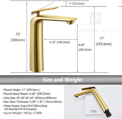 TOCALOCA Tall Bathroom Faucets Brushed Gold, One Hole Single Handle Lever Faucet for Vessel Bowl Sink, Premium Brass Bathroom Basin Faucet Lavatory Mixer Tap Gold