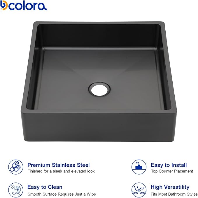 Dcolora 15 In. Black Drop In Bathroom Vessel Sink, 16 Gauge Stainless Steel Vanity Sink with Drain Assembly, R10 Rounded Corners,15”D x 15”W x 4”H #DC-VS261201