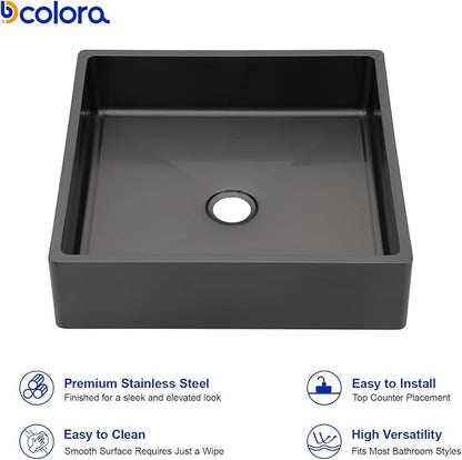 Dcolora 15 In. Black Drop In Bathroom Vessel Sink, 16 Gauge Stainless Steel Vanity Sink with Drain Assembly, R10 Rounded Corners,15”D x 15”W x 4”H #DC-VS261201