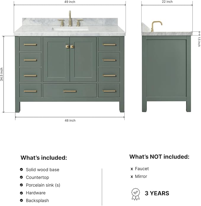 Beckford 48-inch Vintage Green Bathroom Vanity with Center Rectangle Single Sink, Italian Carrara Marble Countertop & Backsplash, Solid Wood Frame, Soft-Closing & Dovetail Drawers