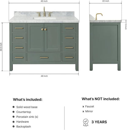 Beckford 48-inch Vintage Green Bathroom Vanity with Center Rectangle Single Sink, Italian Carrara Marble Countertop & Backsplash, Solid Wood Frame, Soft-Closing & Dovetail Drawers