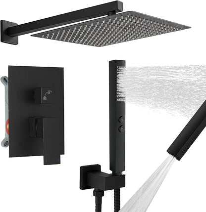 RUMOSE Matte Black Rainfall Shower System Fixture 12 Inch High Pressure Square Shower Head with 2 in 1 Handheld Spray Wall Mount Brass Bathroom Shower Faucet Set with cUPC Certified Rough-in Valve