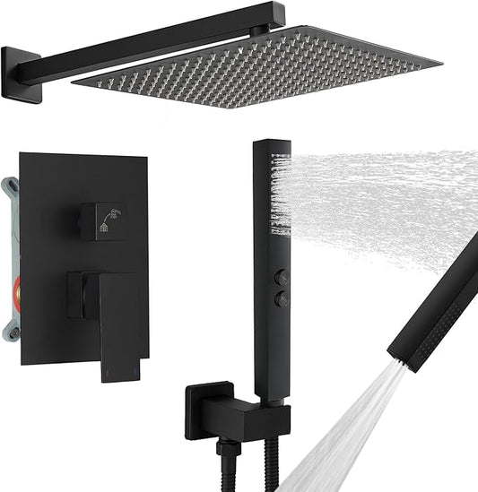 RUMOSE Matte Black Rainfall Shower System Fixture 12 Inch High Pressure Square Shower Head with 2 in 1 Handheld Spray Wall Mount Brass Bathroom Shower Faucet Set with cUPC Certified Rough-in Valve