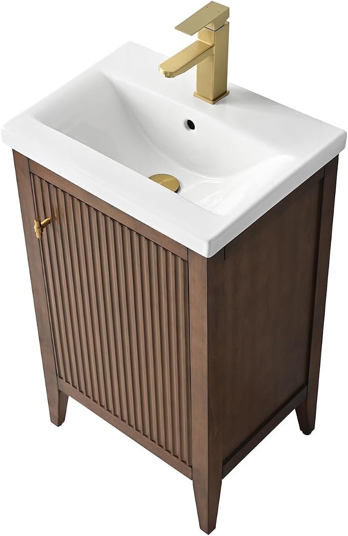 20" Bathroom Vanity with Ceramic Sink, Solid Wood Free-Standing Vanities Cabinet, Ceramic Top, Golden Brushed Handware & Soft Closing Door, Walnut