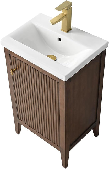 20" Bathroom Vanity with Ceramic Sink, Solid Wood Free-Standing Vanities Cabinet, Ceramic Top, Golden Brushed Handware & Soft Closing Door, Walnut