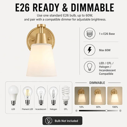 Wall Light Fixtures, 2-Pack Brushed Gold Vanity Lights with Milk Glass Shade, Modern Farmhouse Wall Sconces for Gallery, Mirror, Bedroom, and Bathroom,1 Light