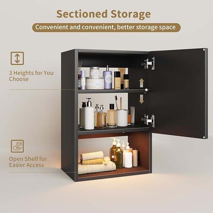 Wall Mounted Storage Cabinets with Lights, Over-The-Toilet Storage Vanity, Bathroom Medicine Organizer Adjustable Shelves Cabinet for Small Spaces (Black)