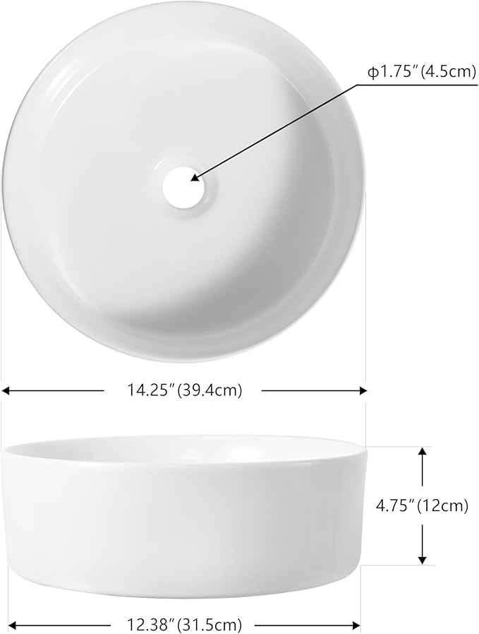 JONATHAN Y Contemporary Round Ceramic Vessel Sink, 14.25" White Bathroom Sink Above Counter, Modern Straight-Sided Porcelain Vanity Sink Bowl, Art Deco Vanity Top Basin for Lavatory and Powder Room
