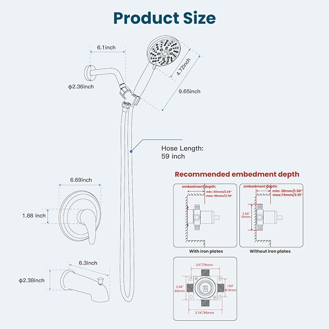 gotonovo Tub Shower Faucet Set with Valve 6 Mode Handheld Matte Black | Bathtub Faucet Set,6 Mode ABS Handheld Spray,6.3’’ Metal Tub Spout,Brass Valve Trim Kit,Shower Head and Handle Kit,Wall Mount