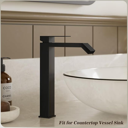 Single Handle Tall Bathroom Vessel Sink Faucet,Matte Black Square Single Hole Waterfall Above Counter Sink Faucet with Metal Pop Up Drain Without Overflow and Water Supply Line,FH05-MB-V