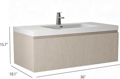 36 Inch Floating Bathroom Vanity with Sink, Wall-Mounted Striped Storage Cabinet with Soft-Close Drawer, Glossy White Solid Surface Basin, Fully Assembled, Natural Oak Finish