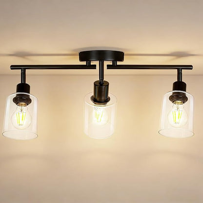 HiBay 3-Light Track Lighting Fixture Black, Ceiling Wall Mount Spotlights | Adjustable 3 Heads with Glass Shades, Modern Farmhouse Industrial, for Kitchen Island, Bathroom, Bedroom, E26 Base