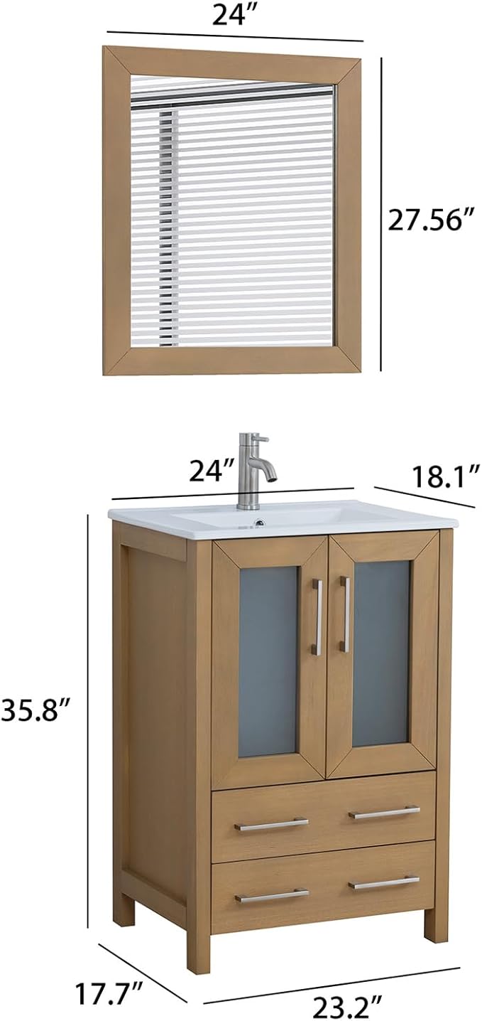 HOMEBEYOND 24 Inch Modern Bathroom Vanity with Sink & Mirror, Single Vanity Cabinet with Basin and Mirror, Dove-Tailed Drawers, Soft-Closing Doors, Wood, Natural Oak