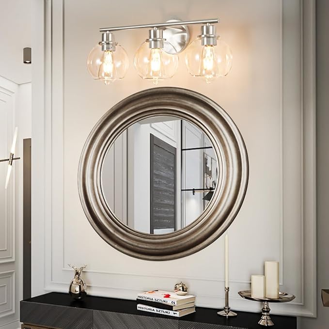 Bathroom Light Fixtures Over Mirror 3-Lights Bathroom Vanity Light with Clear Globe Glass Shade 22 inch Modern Brushed Nickel Vanity Lights Wall Sconce Lighting for Bath