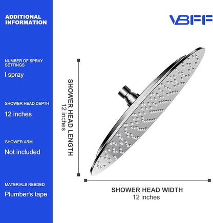 VBFF-Shower Head,rain shower head, 12 inch- Round Shower Head, 1.8 GPM Flow Rate, rainfall showerhead,VBFF13 (Chrome)