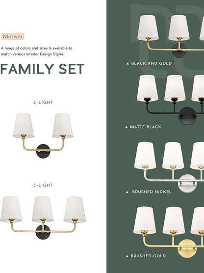 3-Light Black and Gold Bathroom Vanity Light, White Fabric Shades | Ideal for 28-38" mirrors, 24.5" bathroom light fixtures over mirror, upward only, E26 base, bulbs not included, VL837-KG-3