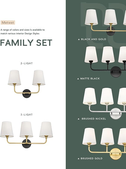 Bathroom Light Fixtures, Black and Gold Vanity Lights with Flared White Fabric Shade, 3-Light Wall Sconce, Modern Sconces Wall Lighting for Hallway Bedroom, VL837-KG-3