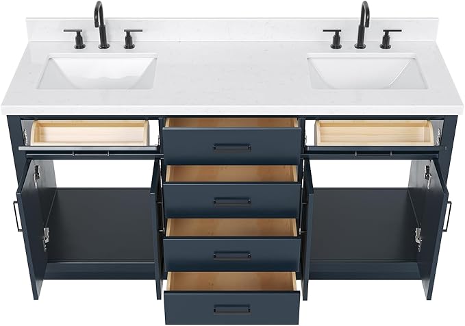 ARIEL Hepburn 66-inch Bathroom Vanity with Sink,Solid Wood, 1.5-inch Carrara White Quartz Countertop, Double Rectangular Porcelain Sink, 4 Soft Closing Doors, 6 Dovetail Drawers, Midnight Blue