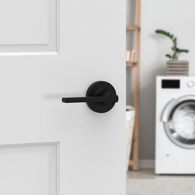 Kwikset Casey Interior Passage Round Door Handle, Lever for Closet and Hallway Doors, Reversible Non-Locking Handle Lever, Matte Black, with Microban Protection