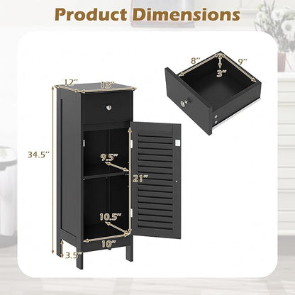 GIANTEX Bathroom Floor Storage Cabinet with Door and Drawer, Black | Freestanding Side Cabinet with 3-Height Adjustable Shelf, Slim Cupboard, Storage Organizer Cabinet for Bedroom Living Room