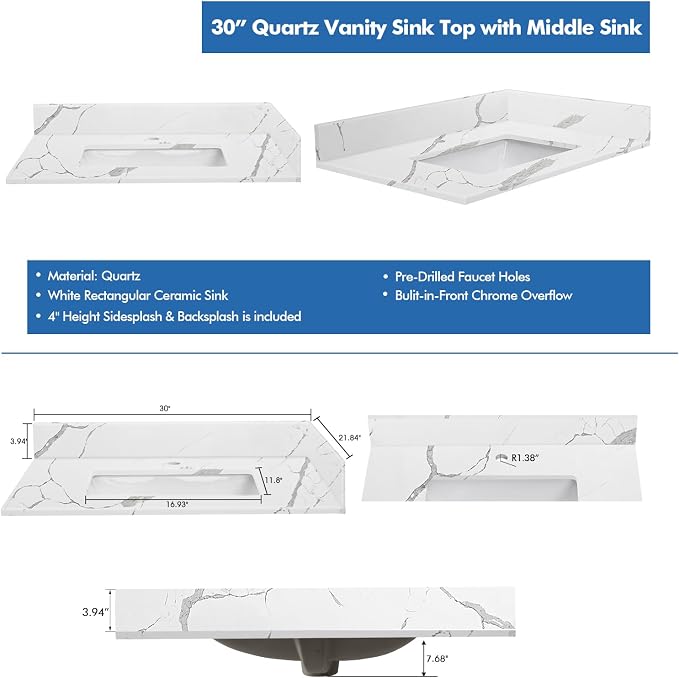 30 in.W x 22 in.D Quartz Calacatta River Vanity Top,with Undermount Middle Sink Vanity Top,with One Sidesplash & One Backsplash,Single Faucet Hole Spread Bathroom Vanity Sink Countertop
