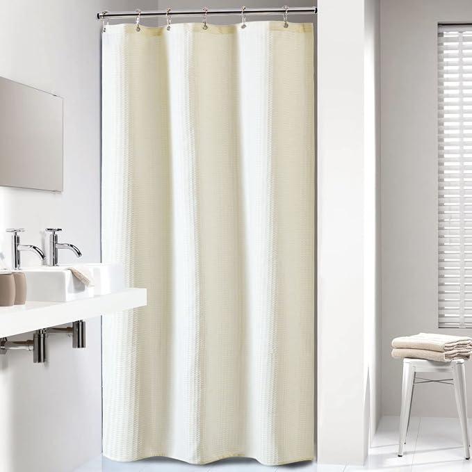 Stall Waffle Shower Curtain 256 GSM Heavy Fabric 36x72 Cream/Ivory | Narrow Half Size, Thick Cloth, Weighted Hem, Water Repellent, Hotel Luxury Polyester Shower Curtain Set for Bathroom 6 Hooks
