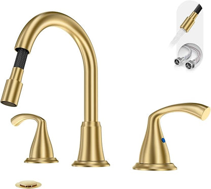 Phiestina Brushed Gold Farmhouse Rotatable Bathroom Faucet - 8 Inch Widespread 3-Hole with Pull-Out Sprayer, Lead-Free Stainless Steel, Metal Pop-Up Drain, Water Supply Lines, 2 Handles,WFJC180CL-BG
