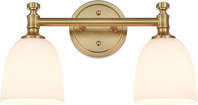 Gold Bathroom Vanity Light Fixtures, 2-Light Over Mirror, Traditional Vanity Lights for Living Room, Milk White Glass Shades, Standard E26 Base, Aged Brass, 16.3" W x 9.4" H x 6.25" D