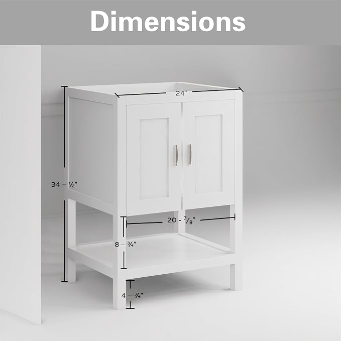 24" White Bathroom Vanity Base Only – Freestanding Solid Wood Sink Cabinet with Open Shelf Storage, Shaker Style Bath Vanity Cabinet, No Top, 36" W x 21" D x 34.5" H