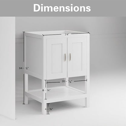 24" White Bathroom Vanity Base Only – Freestanding Solid Wood Sink Cabinet with Open Shelf Storage, Shaker Style Bath Vanity Cabinet, No Top, 36" W x 21" D x 34.5" H