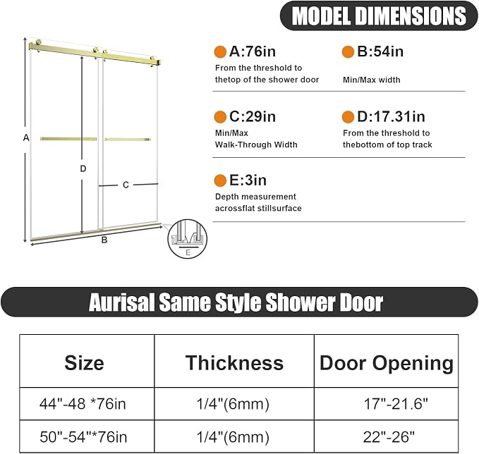 Frameless Shower Door, Stainless Steel Sliding Shower Doo, 50-54" W x 76" H - 1/4” (6mm) Thick Tempered Glass Rust-Proof Glass Shower Door with Dual Tracks in Gold