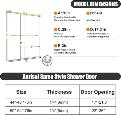 Frameless Shower Door, Stainless Steel Sliding Shower Doo, 50-54" W x 76" H - 1/4” (6mm) Thick Tempered Glass Rust-Proof Glass Shower Door with Dual Tracks in Gold