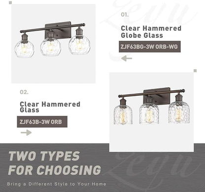 zeyu Farmhouse 3 Light Vanity Lighting, 21.4'' Bathroom Mirror Wall Light, Oil Rubbed Bronze Finish with Clear Hammered Globe Glass, ZJF63BG-3W ORB-WG